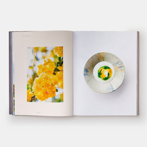 open view of the Monk cookbook showing a photograph of yellow blossoms and a dish of food inspired by it