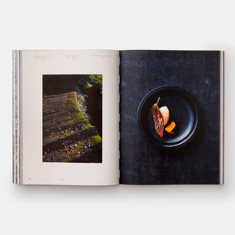 open view of the Monk cookbook showing sunlight and shadows on a garden path and a minimalist dish of food