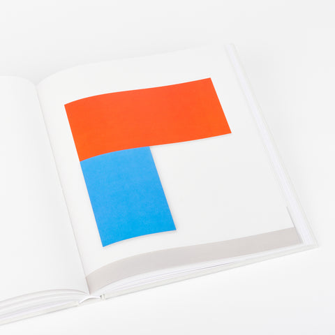 book page from Ellsworth Kelly art book showing a large scale painting made of two large rectangles one is blue and the other is red