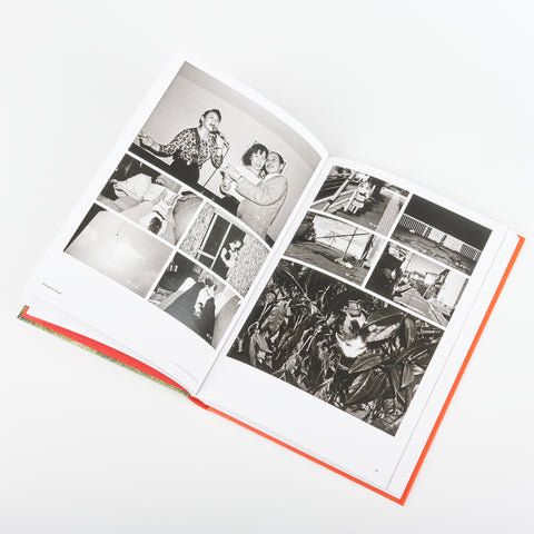 an open view of the book Love Songs Photography and Intimacy showing a grid of black and white photographs of people dancing and other city scenes