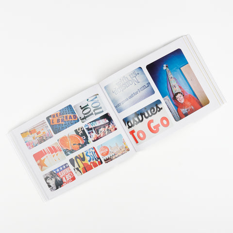 open book with pages featuring a grid of vintage color photographs