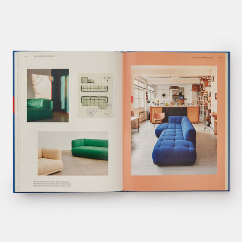open view of Hay design book showing photographs of colorful sofas and interiors