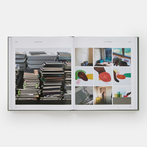 Open view of the book with multiple views of the studio and colorful abstractions