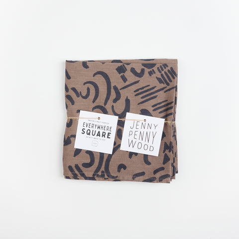 Jenny Pennywood Everywhere Square with an abstract curves and dashes pattern in light and dark brown