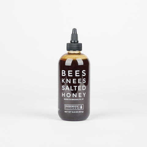 a squeeze bottle of dark Bees Knees Salted Honey