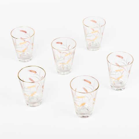 Set of 6 short vintage drinking glasses with golden wheat pattern