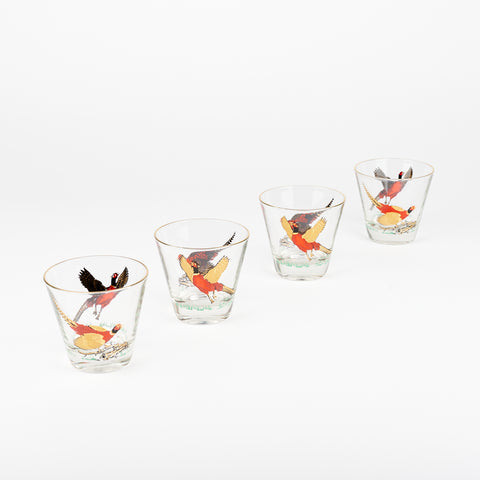 four vintage manhattan glasses with pheasant birds in flight