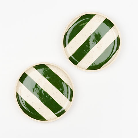 two green striped handmade ceramic plates by Libby Hruska