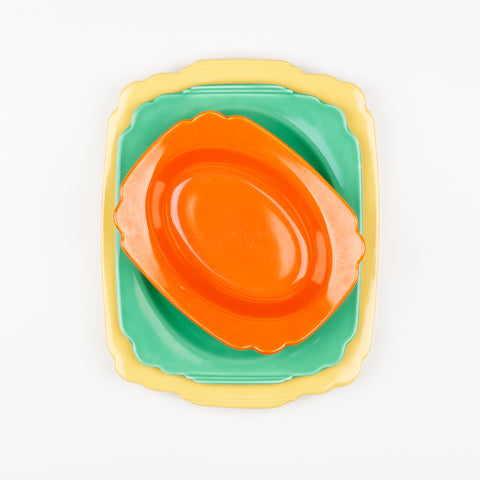 Vintage Riviera Ware serving platters three sizes in colors yellow green and red
