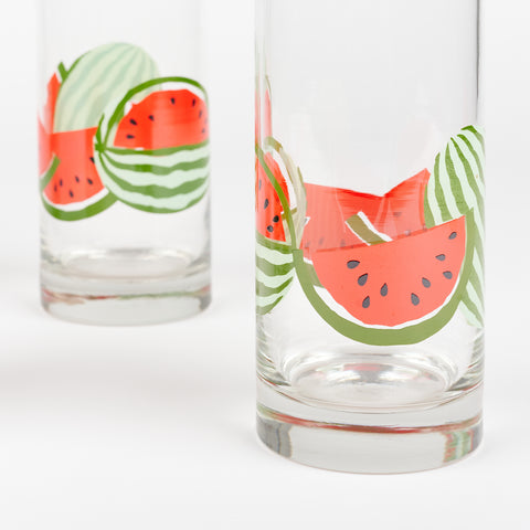 close up of bright red and green watermelon design on vintage glasses