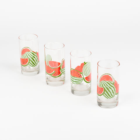 a diagonal line of glass with colorful wrap around watermelon design