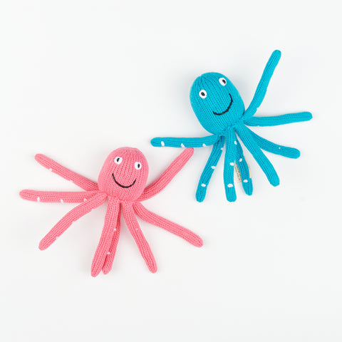 two organic knit crocheted baby rattles in the shape of octopi