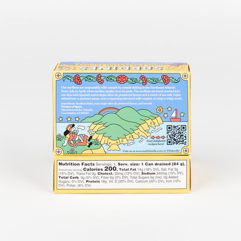 back of the Fishwife Sardines tinned fish box showing colorful illustration, list of ingredients and nutrition facts