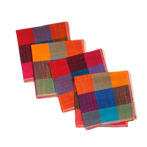 Willow Ship checkered cocktail napkins in Fruit Salad colorway, set of four.