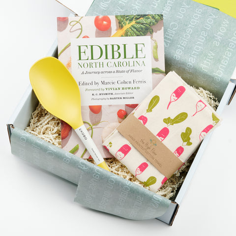 Cook and Book Edible NC Gift Set with Edible NC cookbook, High Fiber radish towel and Ekobo lemon serving spoons in a CETTE gift box