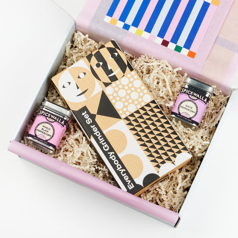 The Hustle Gift Set with Areaware limited edition grinder set and Spicewalla black and white peppercorn tins in a CETTE gift box