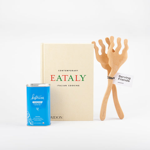 A Cookbook set including Phaidon cookbook Eataly - Contemporary Italian Cooking, Kosterina Olive Oil, and Areaware Serving Friends wooden tongs