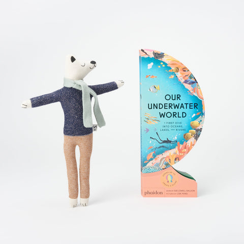 Phaidon Kids Our Underwater World book and Sophie Home Kids plush stuffed animal Polar Bear with a pale blue scarf