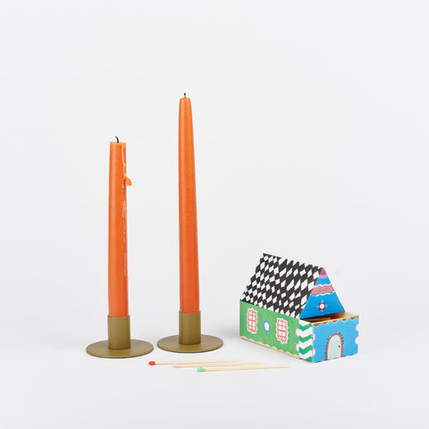 Hawkins New York Olive candle holder set, State the Label House Matches, and burnt orange taper candles