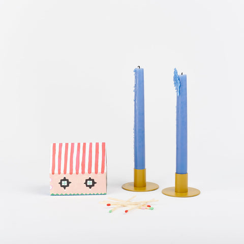 Hawkins New York Mustard candle holder set, State the Label House Matches, and light blue taper candles