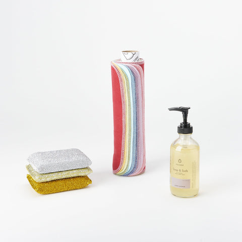 Marley's Monsters Rainbow Reuseable Paper towels, Fillaree Soap and Suds Lemon Lavender Hand soap, and Hawkins New York metallic tone lurex sponge set