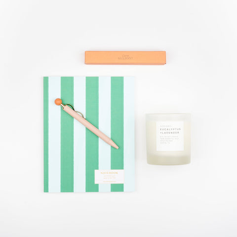 A scented Eucalyptus and Lavender Slow North frosted glass soy wax candle, a Papier Curve ballpoint pen in pink, and a perfect bound journal with a pastel striped pattern