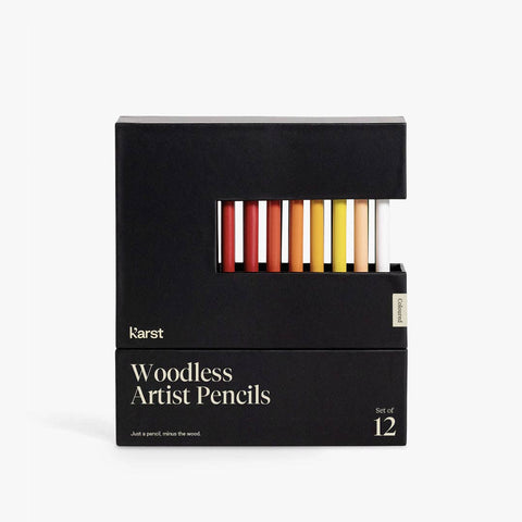 Set of 12 woodless colorful artist pencils in a black box with 'karst' branding.