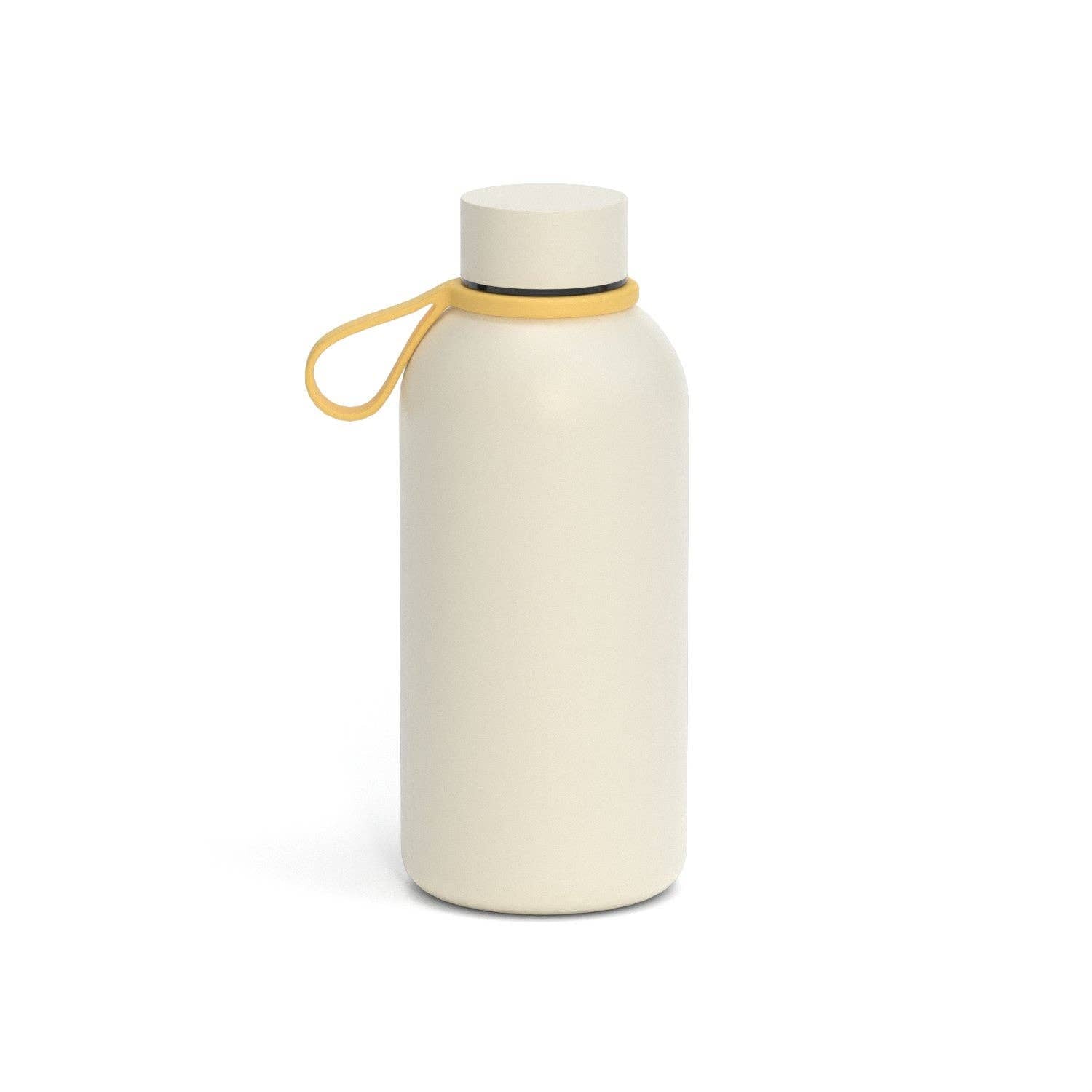 Ivory water bottle with a yellow strap on a white background