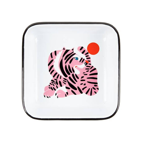 Small square plate with a zebra design on a white background