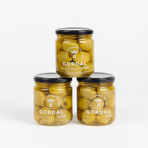 Three glass jars of Gordal Pitted Green Olives 
