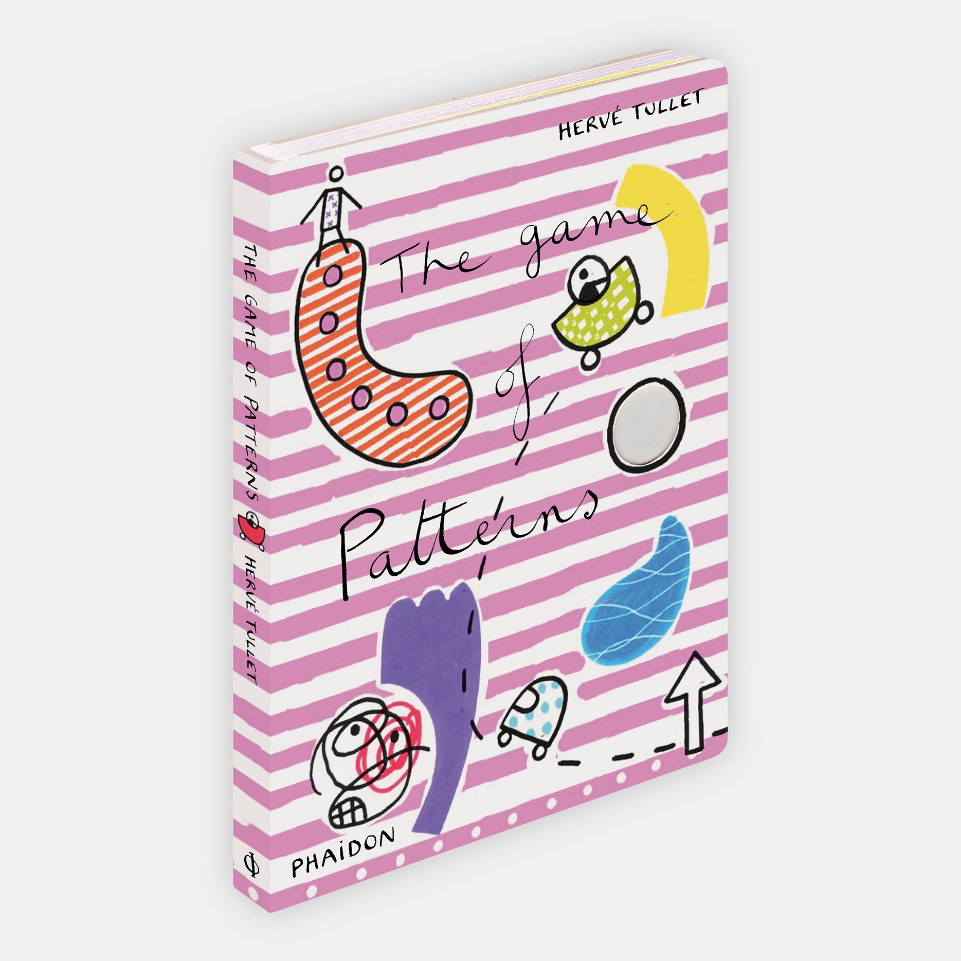 Cover of standing book with pink stripes and childlike illustrations Phaidon kids The Game of Patterns by Herve Tullet