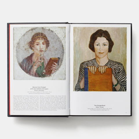 an open copy of Phaidon Book: Reading Art showing two pictures of paintings of women holding books