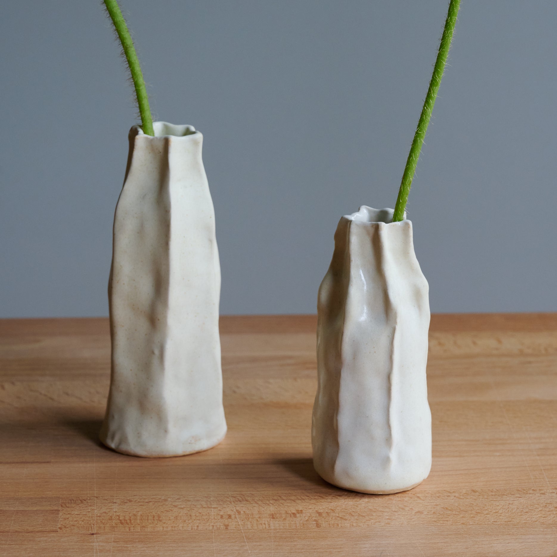 Two matte white handmade ceramic vases with irregular but beautifully formed ridges sitting on a light wood table top. Hairy bright green flower stems are seen coming out of the vases.