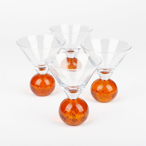 short vintage martini glass set with clear tops and orange rounded glass base