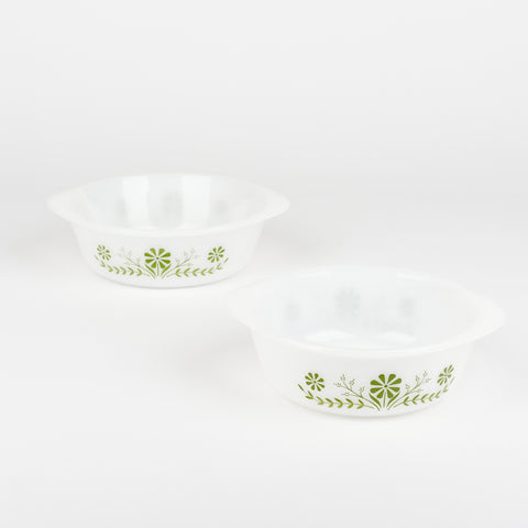 A pair of white glass casserole dishes with a green floral design on their sides
