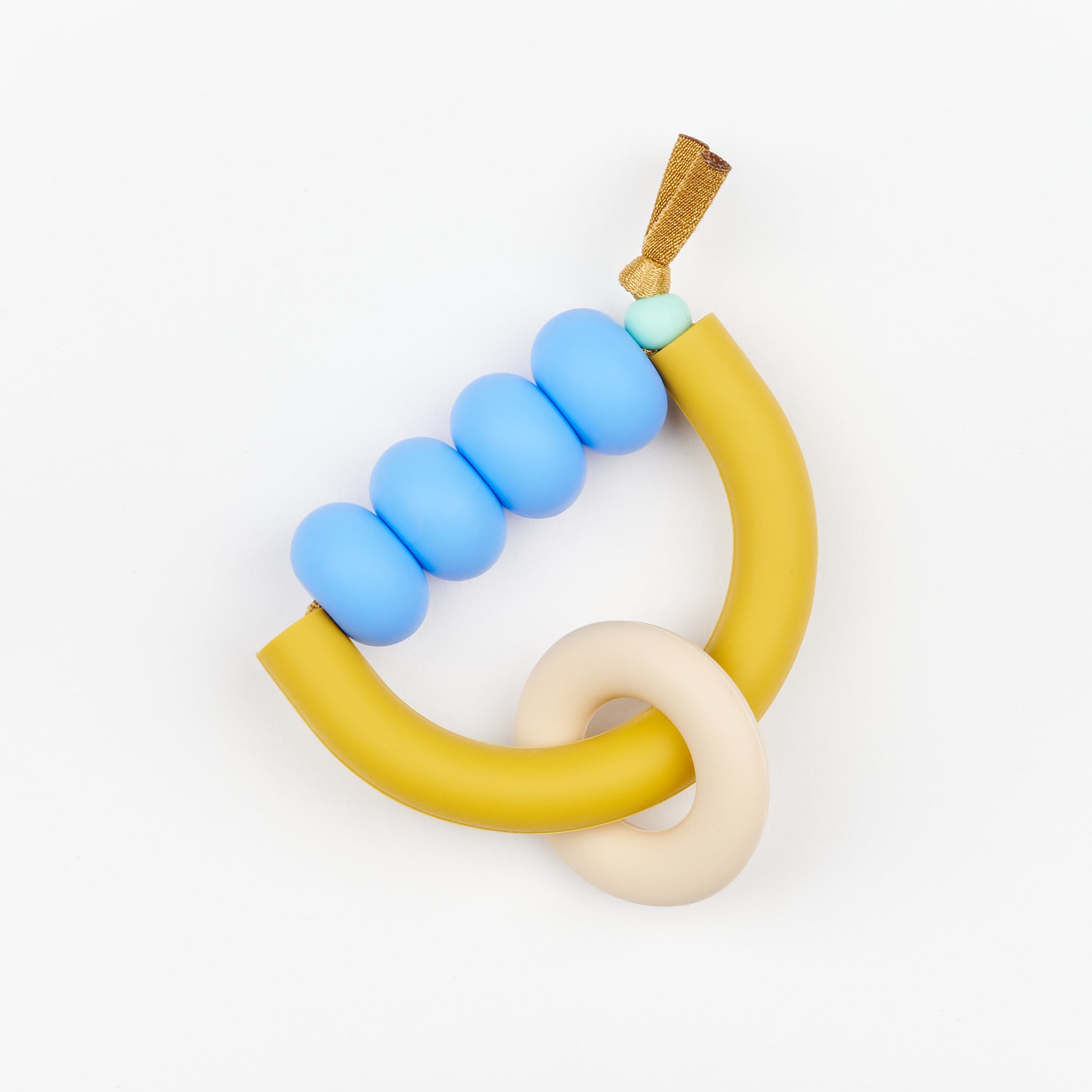 a pastel teething ring with baby blue beads and a cream loop on a yellow half circle ring