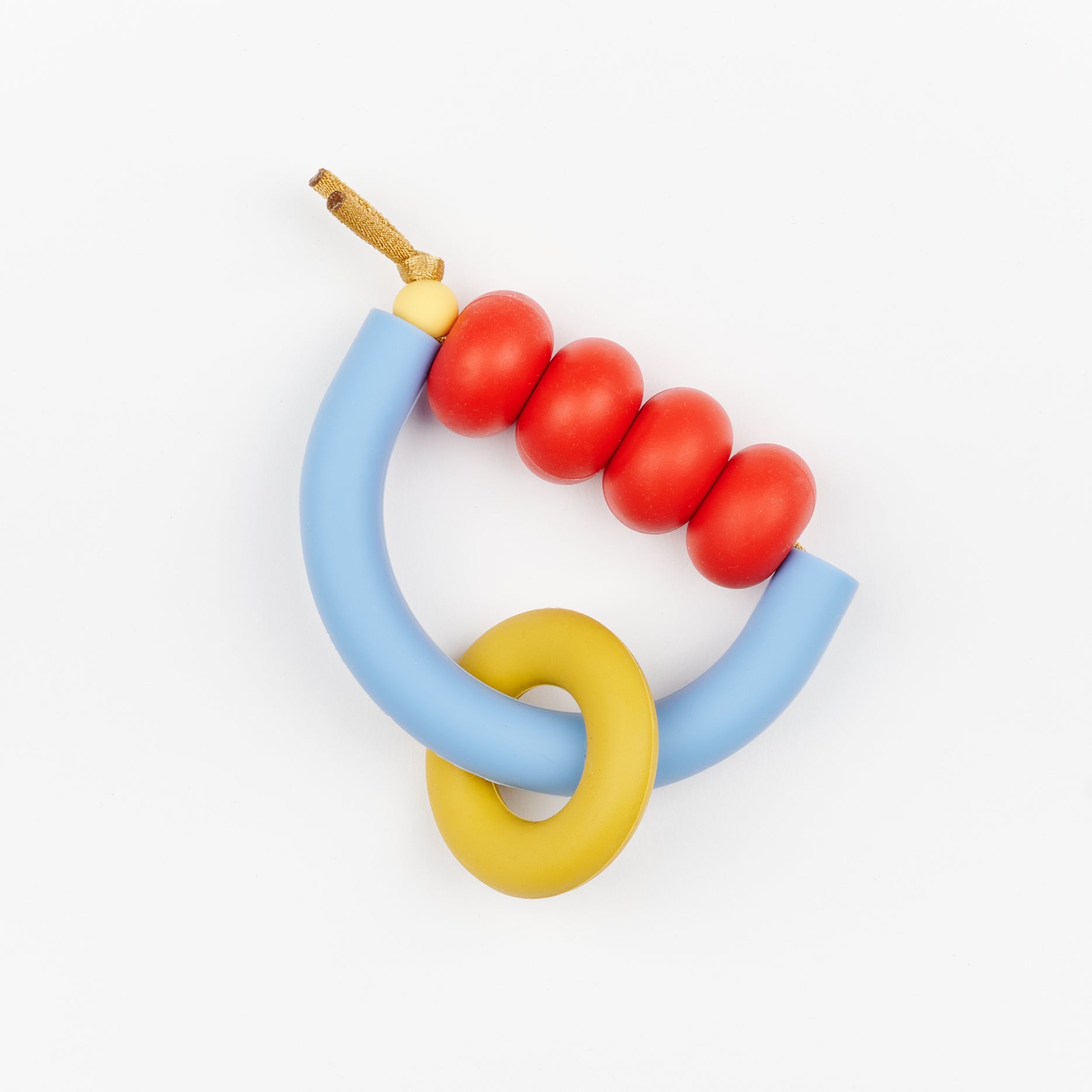 a non-toxic primary color themed baby teething ring with red beads and a yellow loop