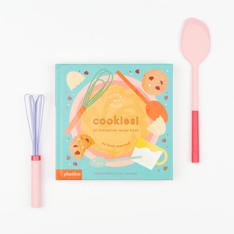 Phaidon Kids Cook in a Book - Cookies!: An Interactive Recipe Book and a pink mini spatula and a pink and purple mini air whisk