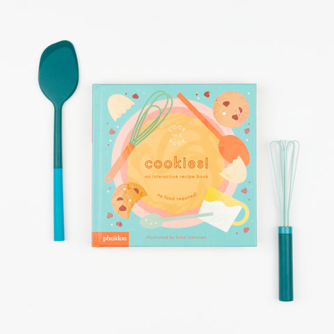 Phaidon Kids Cook in a Book - Cookies!: An Interactive Recipe Book and a green and blue mini spatula and a green mini air whisk by Material