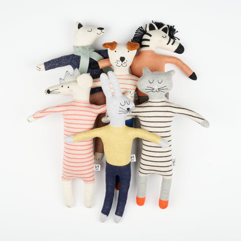 a group of stuffed animals by Sophie Home featuring a mouse, rabbit, cat, dog, bear, and zebra