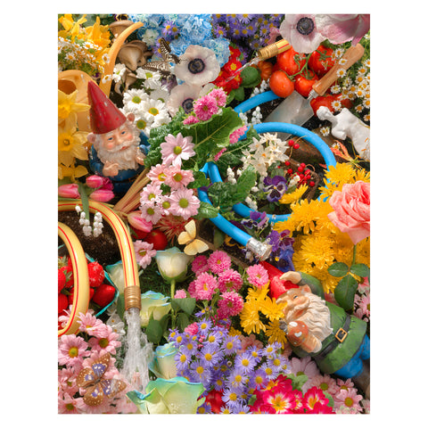 Bloom Boom puzzle picture showing a variety of colorful flowers, garden hoses, and garden gnomes