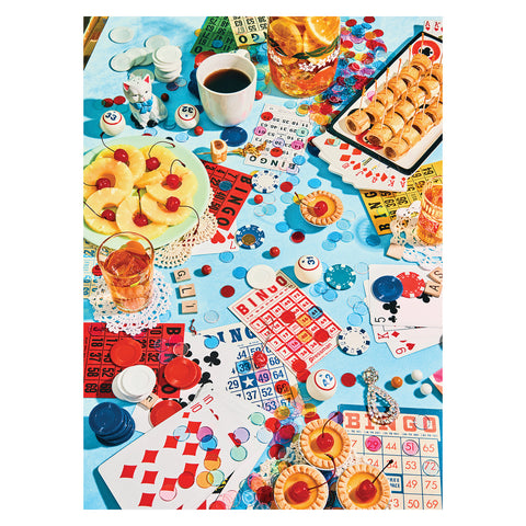 Bloom Boom puzzle picture showing an elaborate table scene with card games, bingo cards and chips and snack foods