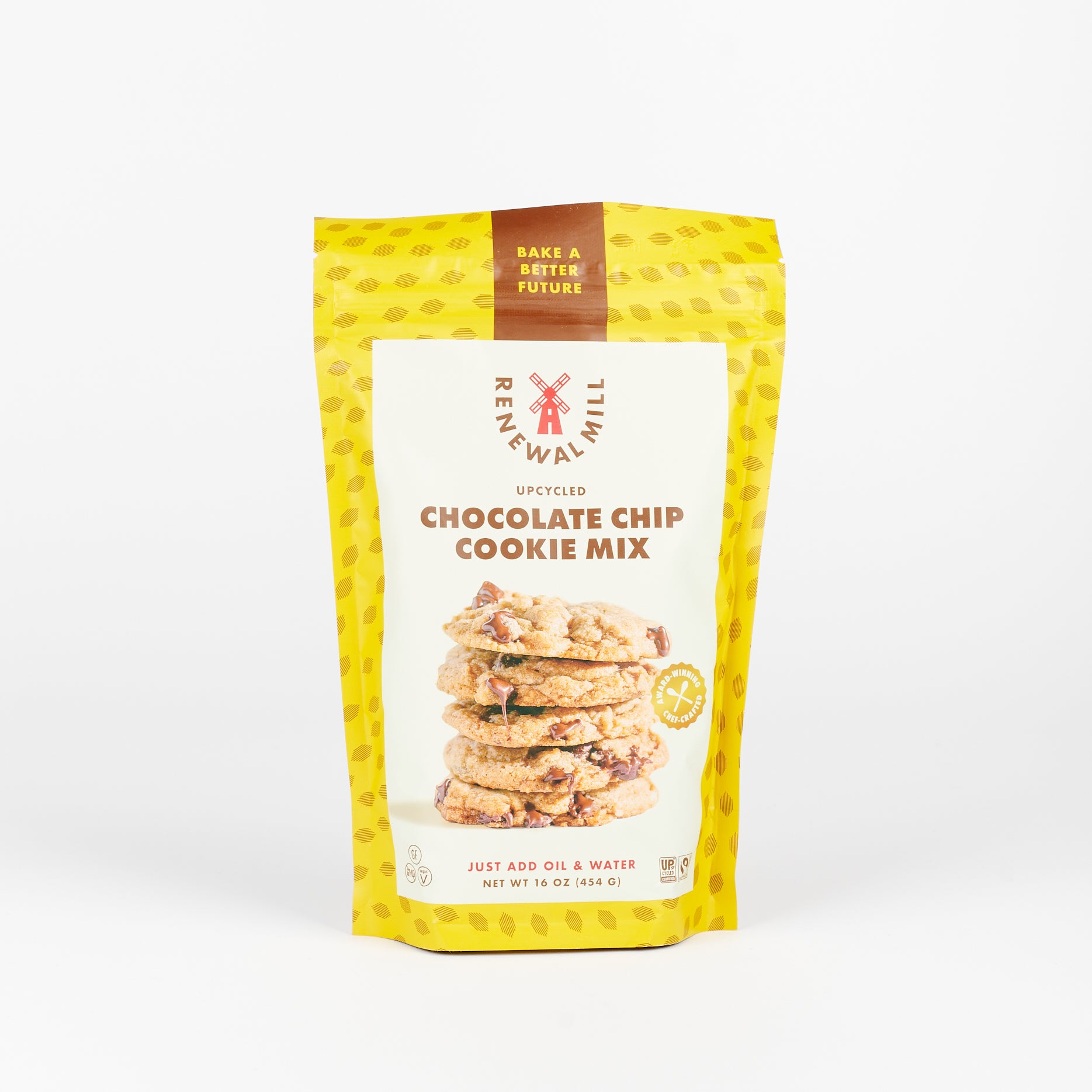 A yellow patterned bag of Chocolate Chip cookie mix by Renewal Mill