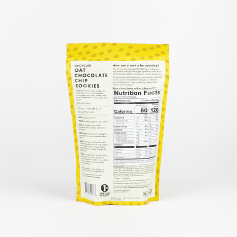 The backside of a yellow patterned bag of Chocolate Chip cookie mix by Renewal Mill showing the directions and nutrition facts