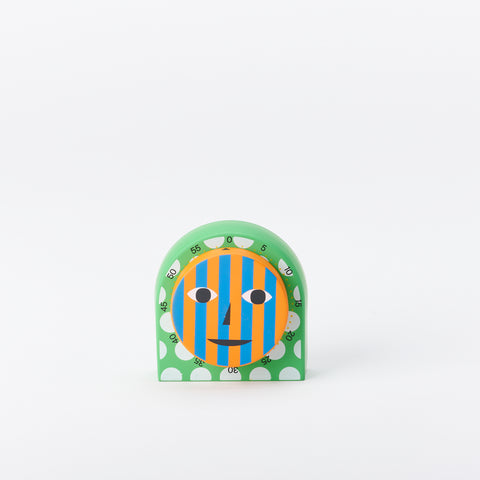 Areaware by Dusen Dusen kitchen timer with green and white polkadots and blue and orange striped face