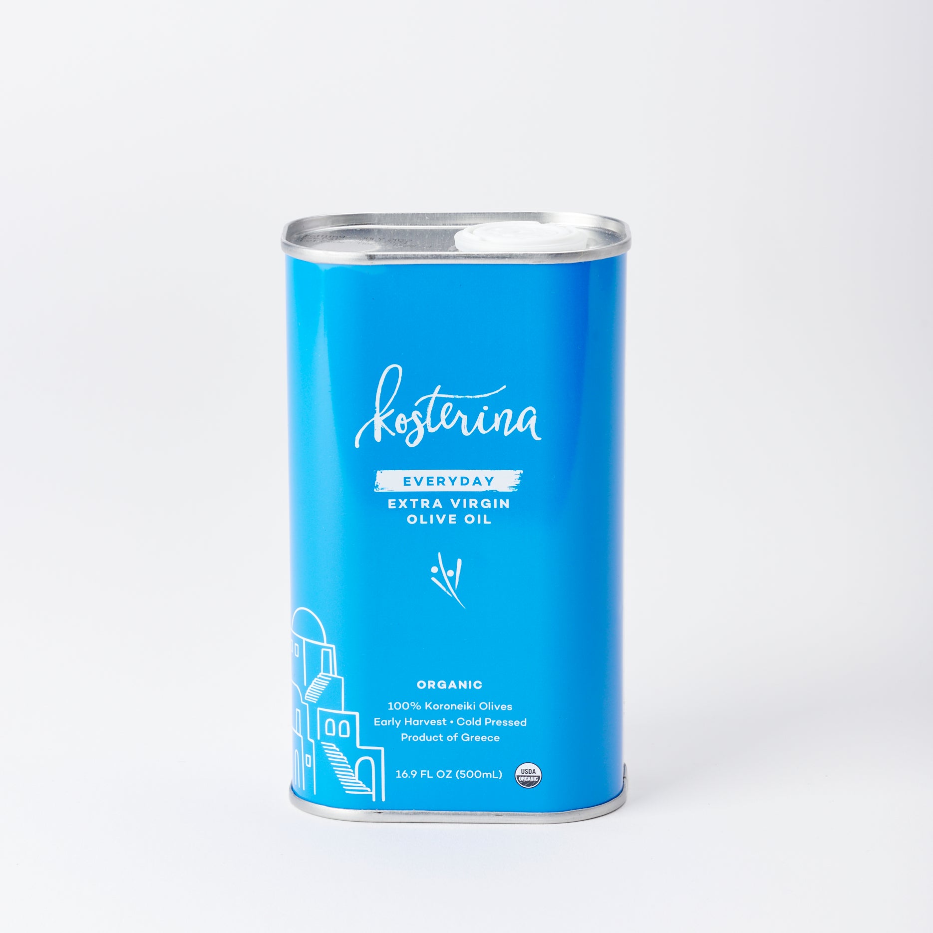 a blue tin of Kosterina Everyday Extra Virgin Olive Oil