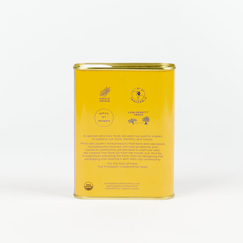 The back side of the Pineapple Collaborative marigold mini Olive Oil tin describing where and how the oil is made