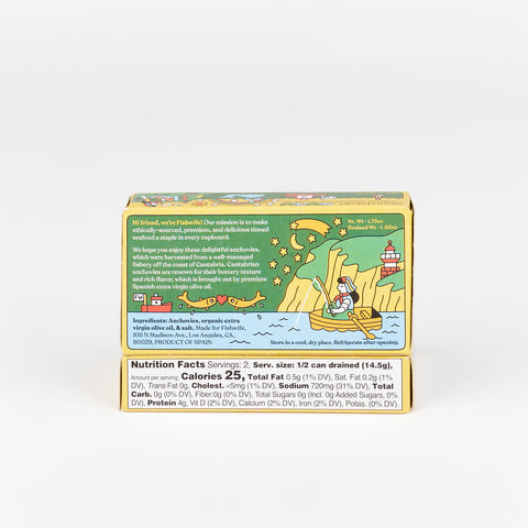 back of the Fishwife Anchovies box showing colorful illustration, list of ingredients and nutrition facts
