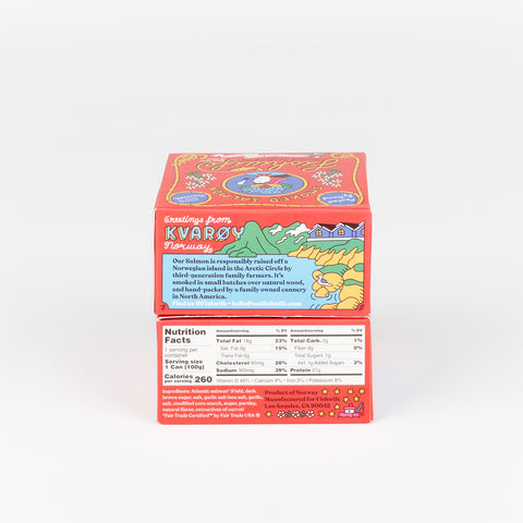 back of the Fishwife Smoked Salmon tinned fish box showing colorful illustration, list of ingredients and nutrition facts