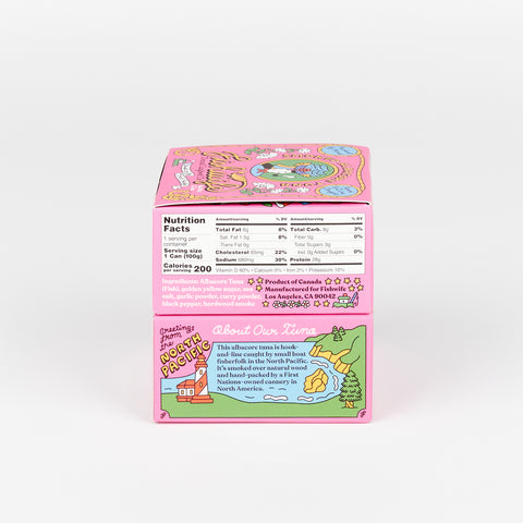 back of the Fishwife Smoked Tuna tinned fish box showing colorful illustration, list of ingredients and nutrition facts
